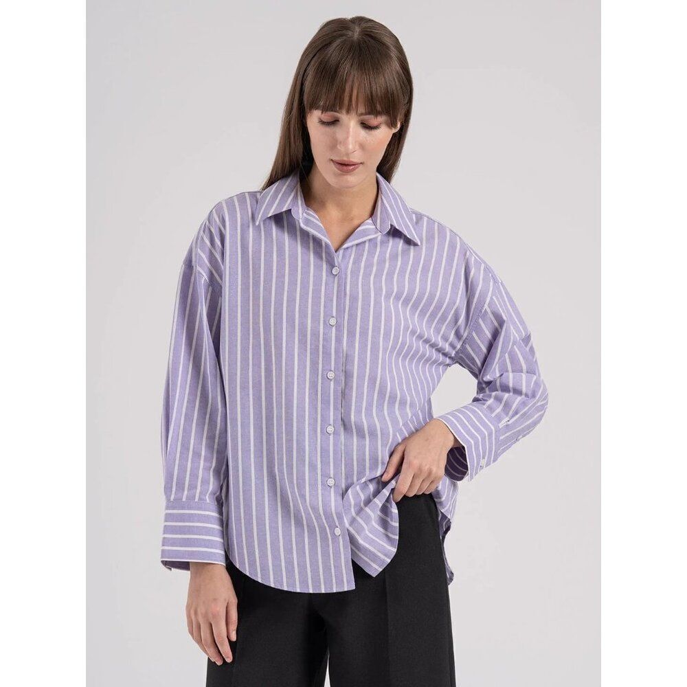 Zara Women Blouse Shirt Button Up XS Purple Striped Polyester Wide Sleeve NWOT